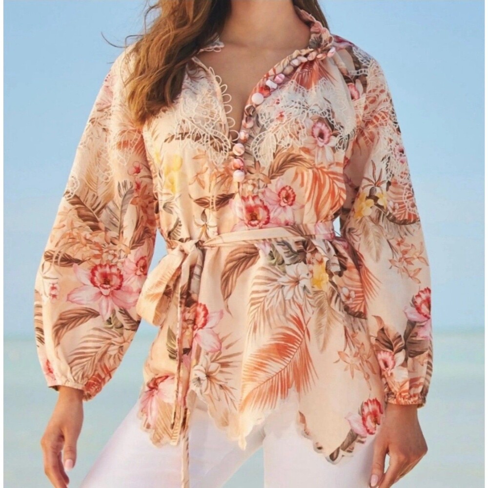 Boston Proper Womens Ipanema Top Size Large Floral Embroidered Linen Blend